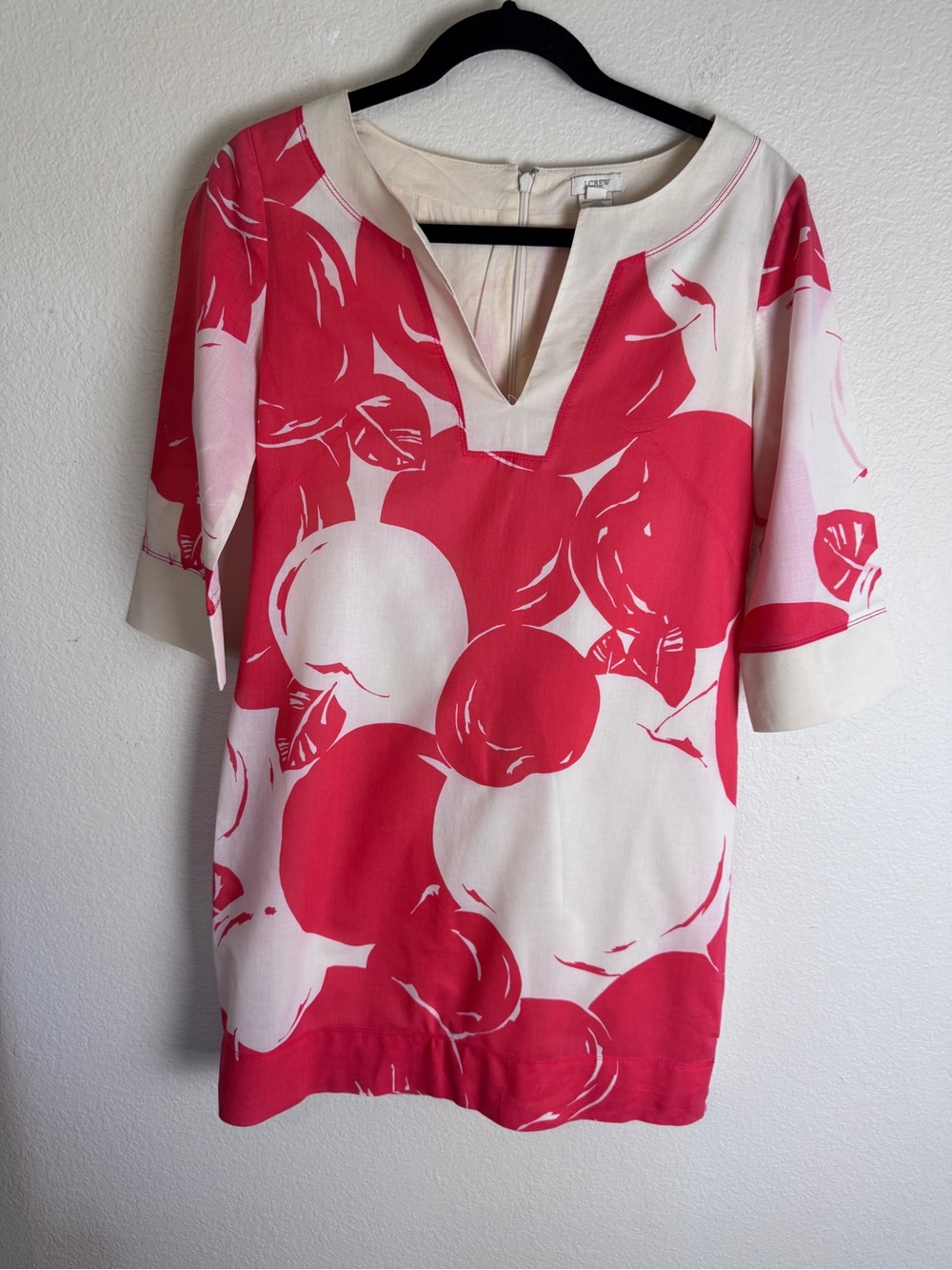 J.CREW Red/White Floral Woven V-Neck Tunic Dress 3/4 Sleeve Zip Back Size 0